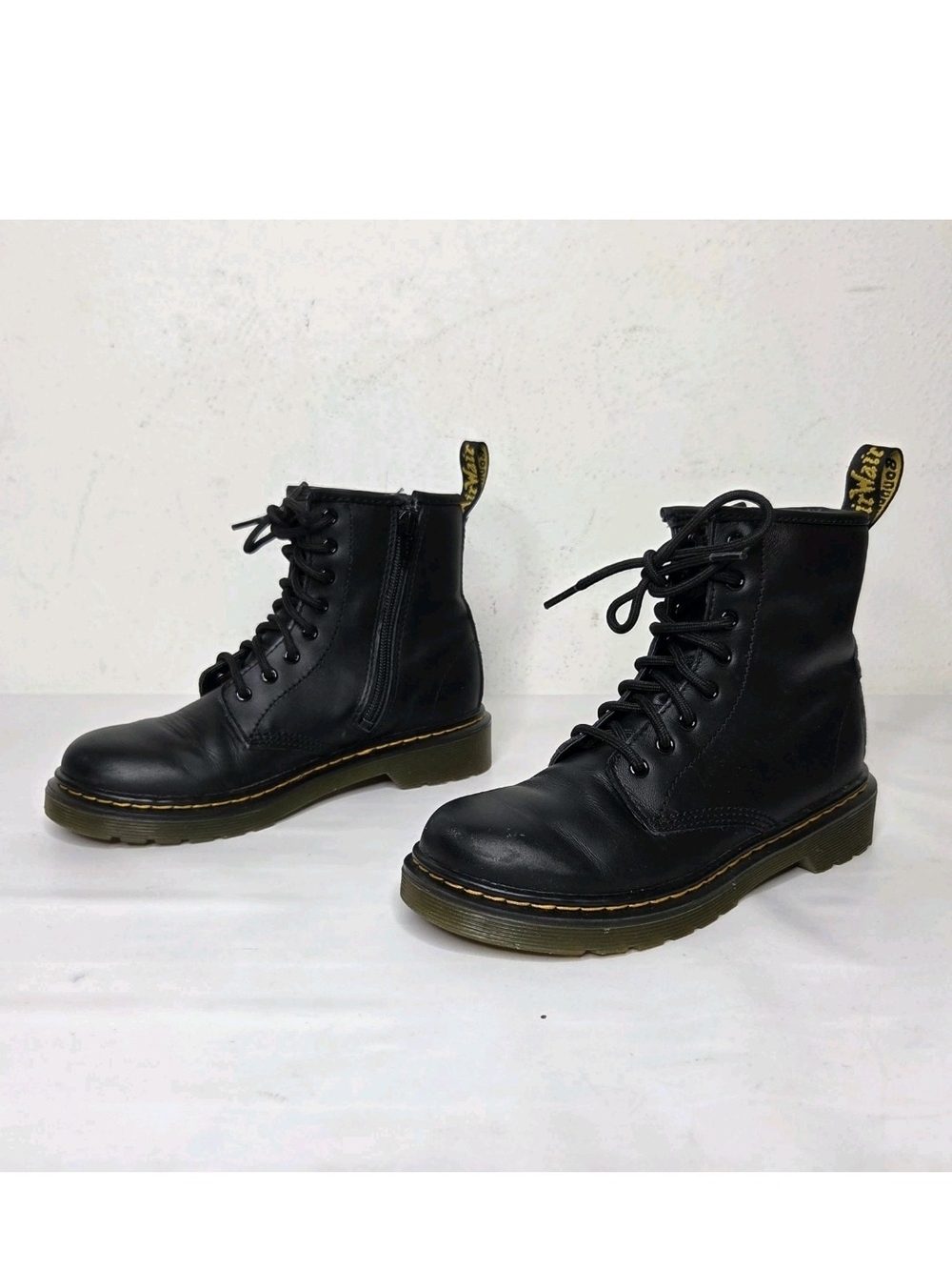 Dr Martens Boots Kids Size 2 Black Leather Ankle Combat Zip 15382 Punk Grunge